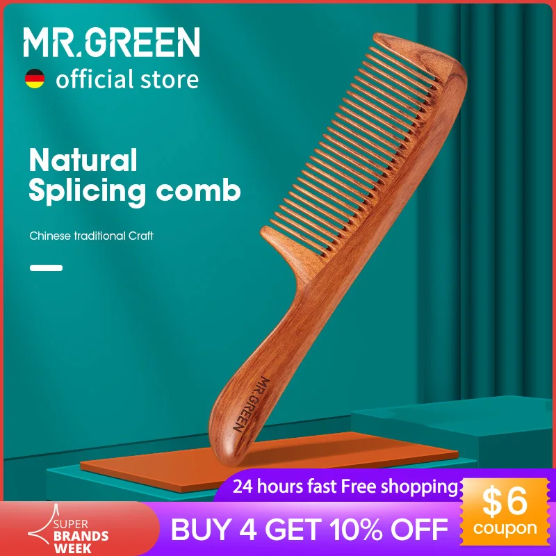 Гребень MR.GREEN из натуральной древесины, устройство для сращивания, расческа для волос, тонкая зубная щетка, Антистатическая, для парикмахерских, массажные инструменты для кожи головы, подарок - изображение