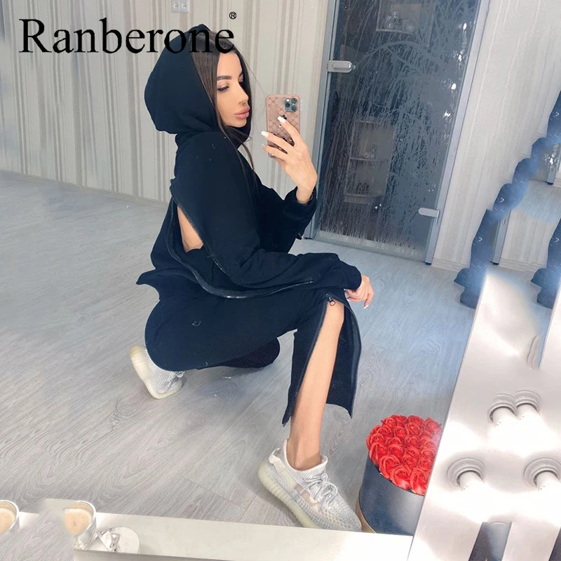 Two Piece Outfits Tracksuit Wives Sexy Back Zipper Hoodies Sweatshirt And Pocket Sweatpants Women Sport Suit Solid Sportswear