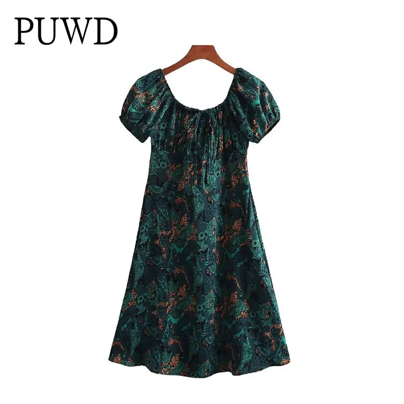 

PUWD Elegant Women Mini Green Dress Ladies Short Sleeve Dress 2022 Spring Fashion Square Collar Fold Female Chic Puffy Dresses