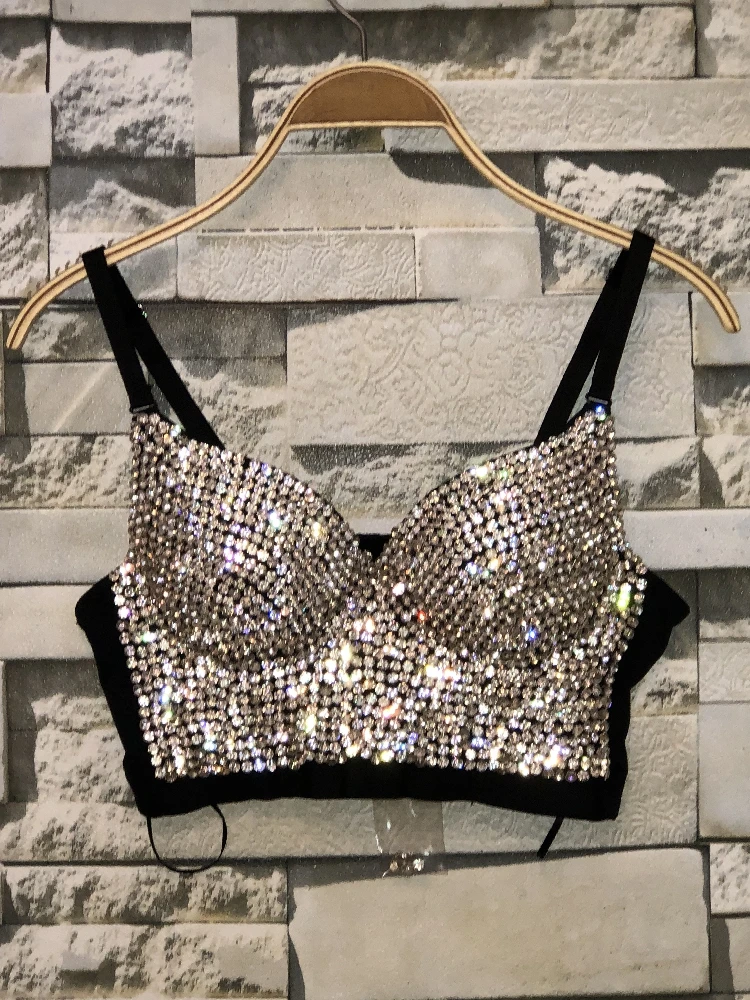 

2019 Gorgeous Rhinestone Bead Bustier Pearls Diamond Push Up Night Club Bralette Women's Bra Cropped Top Plus Size