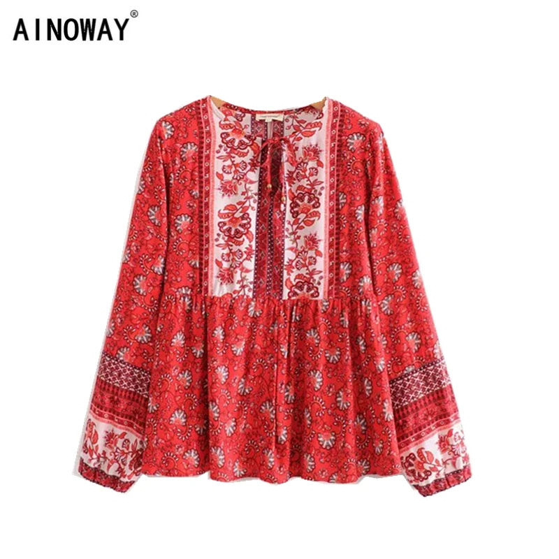 Женские топы Boho винтажные свободные блузки с цветочным принтом женские пляжные