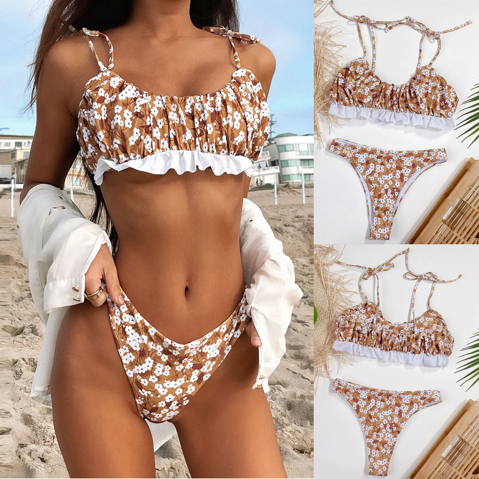 Женское пикантное бикини модное облегающее с принтом без бретелек оборками