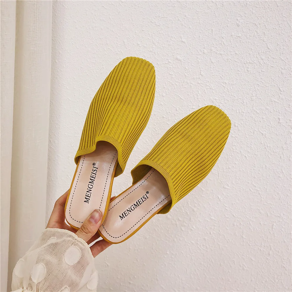 Мюли SLHJC женские на низком квадратном каблуке вязаная ткань стрейч без застежки