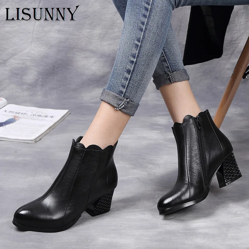 

LISUNNY/Винтажные повседневные ботильоны; Женская обувь из натуральной кожи; Женская обувь на высоком каблуке в стиле ретро; Botas Mujer; Женские бот...
