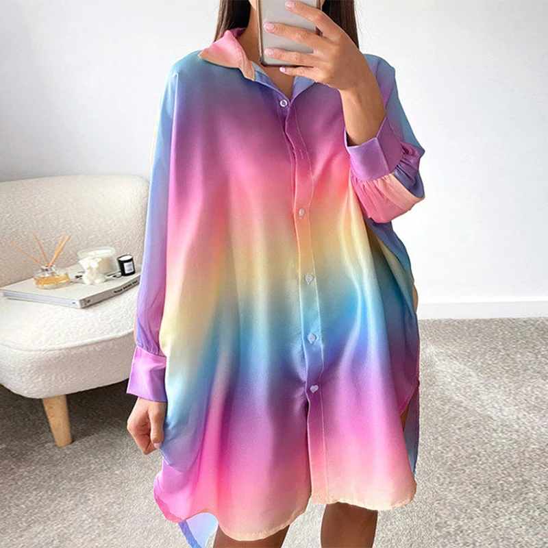 

New Casual Summer Dress Women Single Breasted Print Long Sleeve Mini Dress