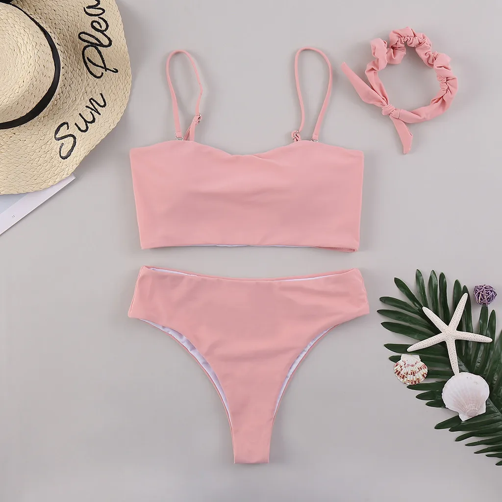 

Women Bikini Solid Swimsuit Three Piece Swimwear Push Up Bikinis Mujer Beach Bathing Suit Strap Bandeau Swim High Waist Biquini