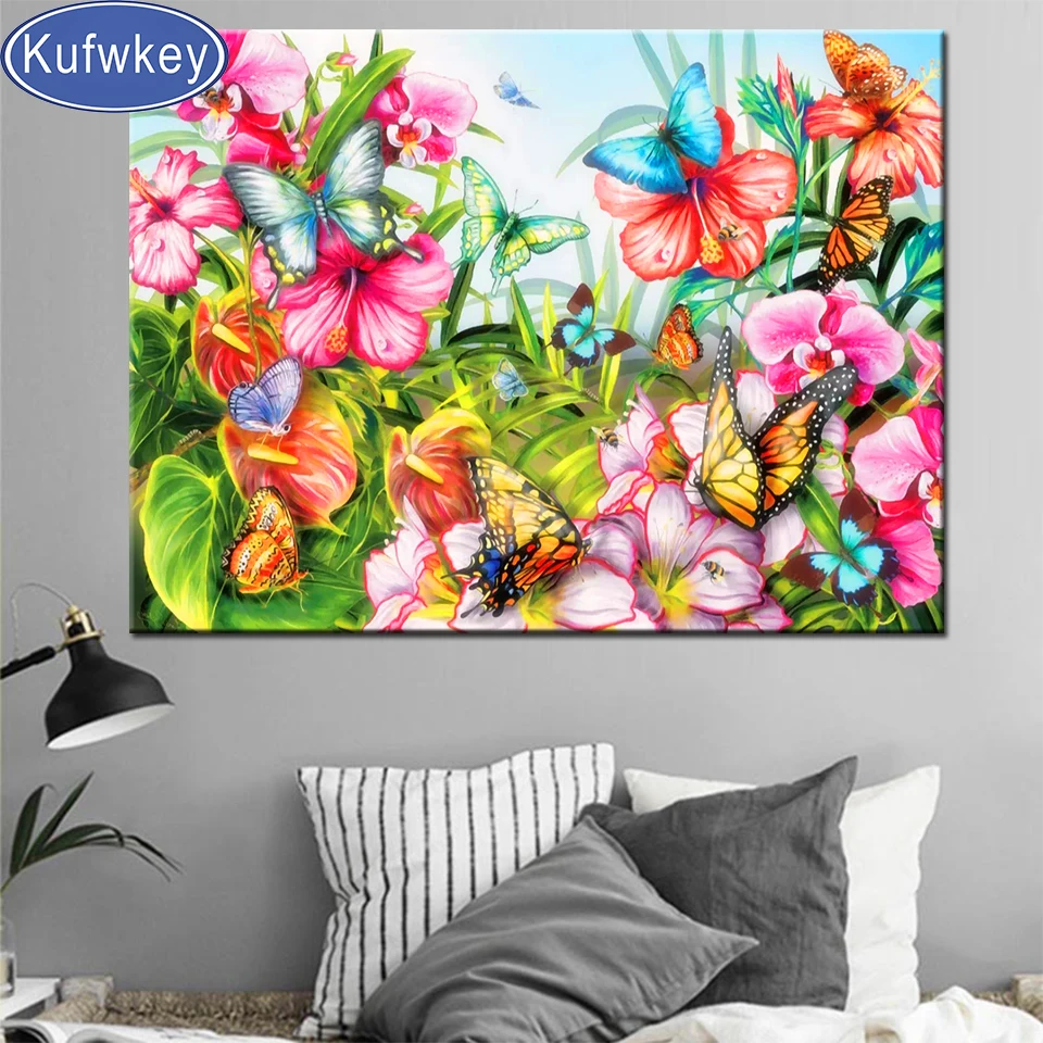 

KUFWEY Diamond Embroidery Butterflies Flowers Diamond Painting Mosaic patternCross Stitch Full Square Round Drill 2021 New Gift