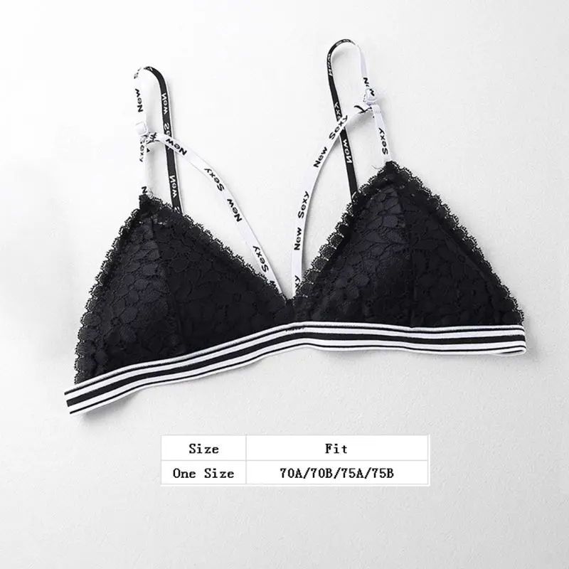 Women Teenage Girl Floral Lace Bra Spaghetti Letters Straps Cross Bandage Crop Top Wireless Removable Padded Striped Band