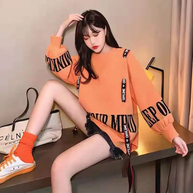 Vangull Knitted Women Sweater 2020 new Winter Fashion Letter Printed Ribbon Loose Irregular long sleeve Pullovers | Женская одежда