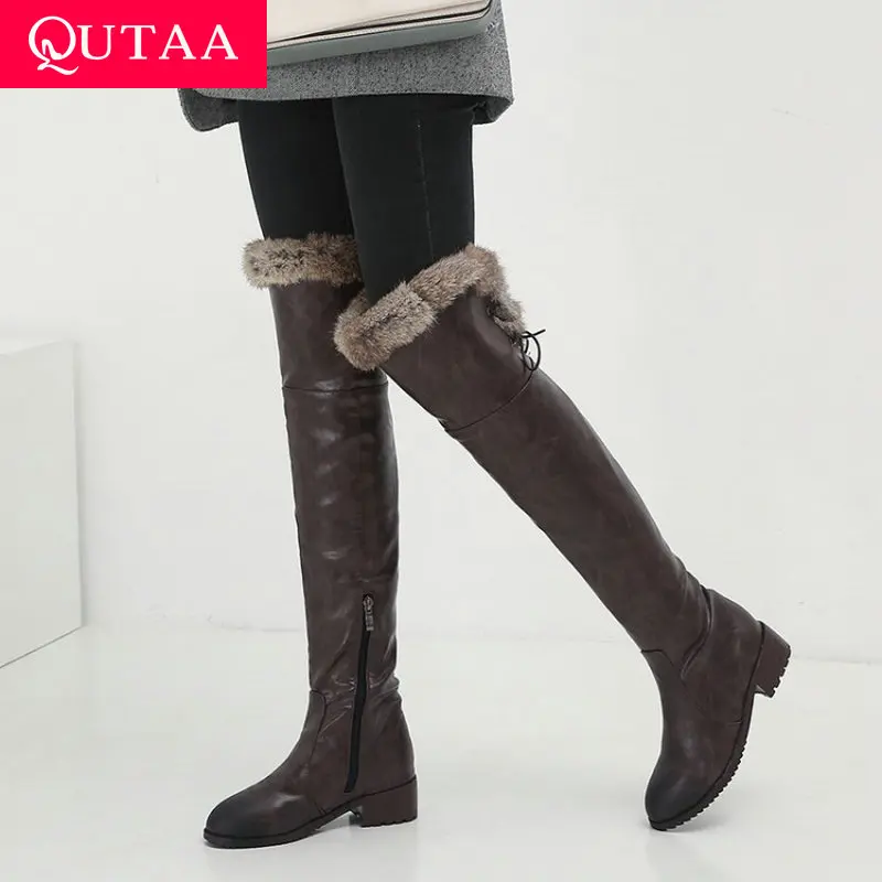 Женские зимние сапоги QUTAA из искусственной кожи с закругленным мысом на молнии