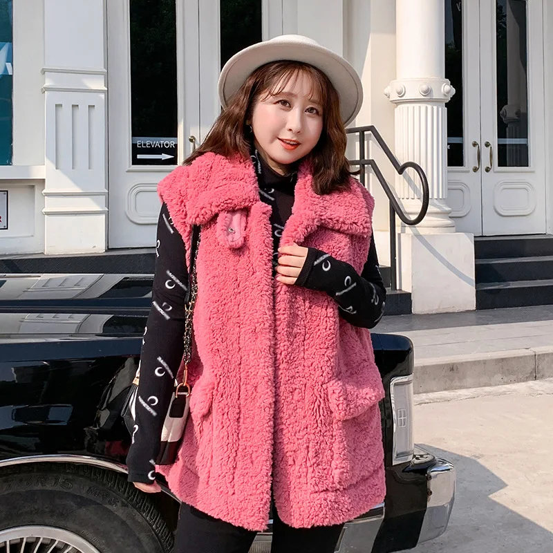 

Winter Fur Integrated Korean Winter Large Vest Loose Solid Grey Green Lapel Pockets Womens Vests Outerwear Pink Sleeveless Vest