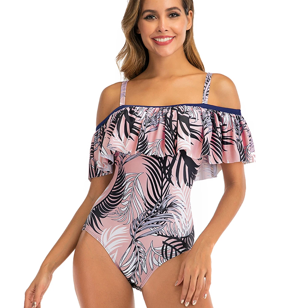 Большой размер купальник с открытыми плечами рюшами Цельный сексуальный высоким