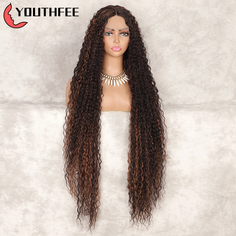 

Youthfee 38 Inches Lace Front Curly Wigs Highlight Super Long Deep Wave Wig For Black Women Ombre Synthetic Wig