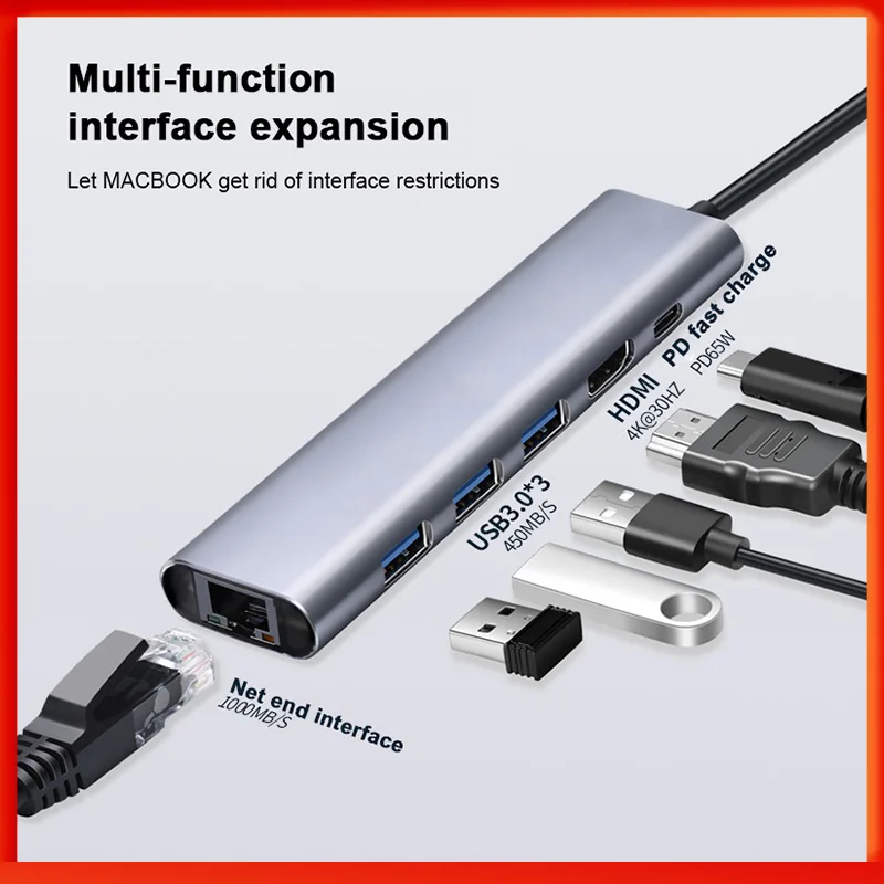 

6 in 1 USB C hub docking station for iPad Pro 4K HD High speed data transfer charger USB3.0 type c hub