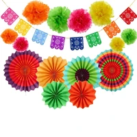 15pcs of mexican party decoration table runner paper fan pompom ball felt colorful banner garland suit supplies