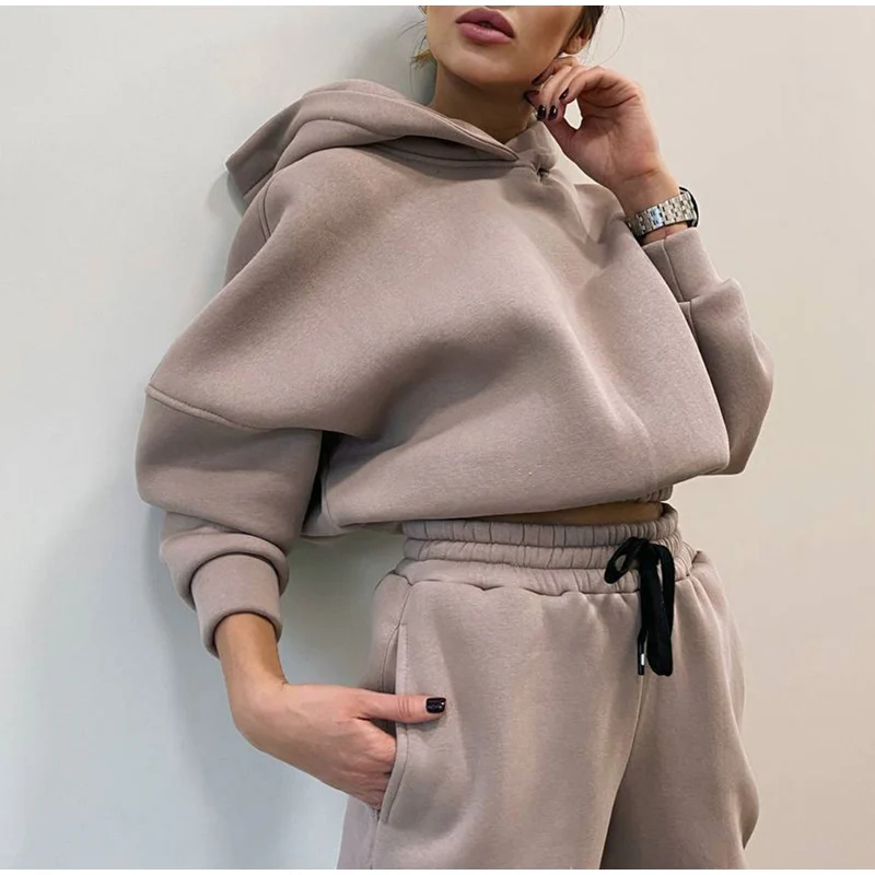 

Women Casual Long Pant Two Piece Sets Pullover Hoodie And Lace Up High Waist Trouser Suits 2021 Autumn Winter Fashion Tracksuits
