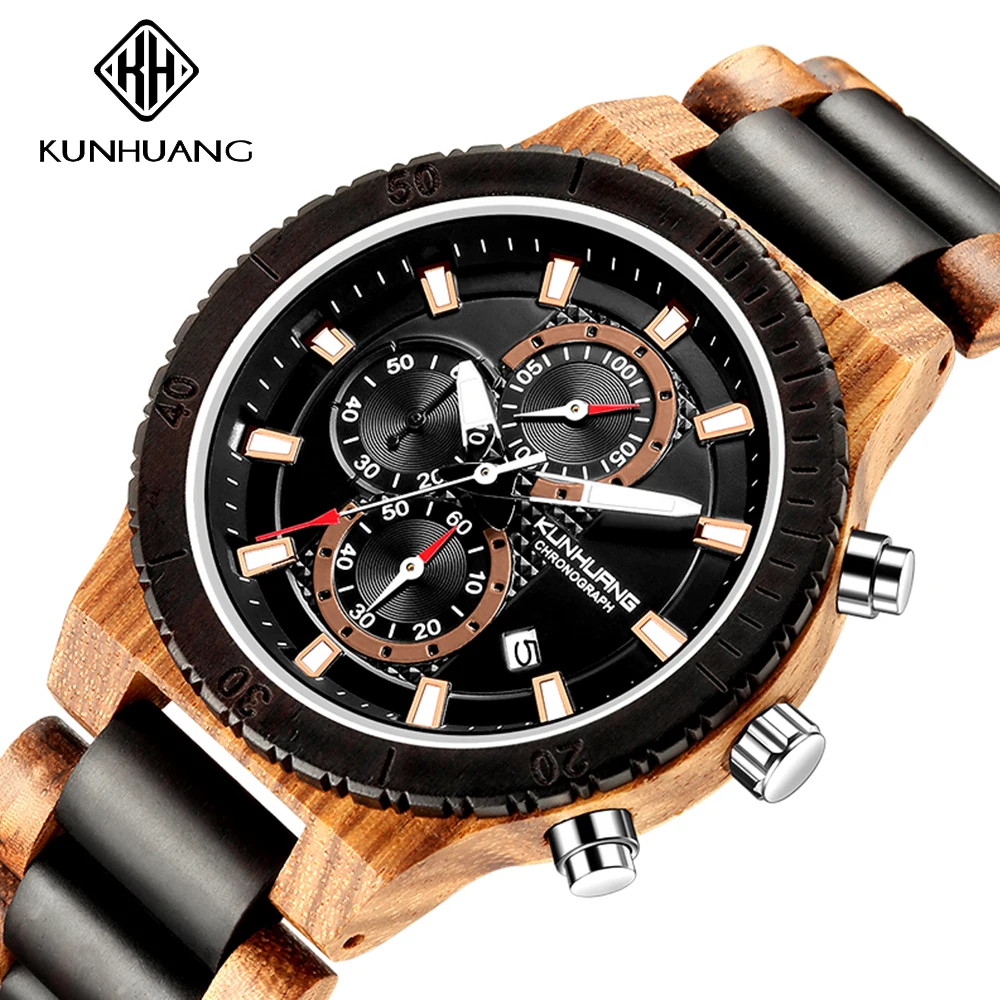 

Деревянные часы KUNHUANG мужские многофункциональные роскошные стильные деревянные часы Хронограф военные кварцевые часы в деревянной подаро...