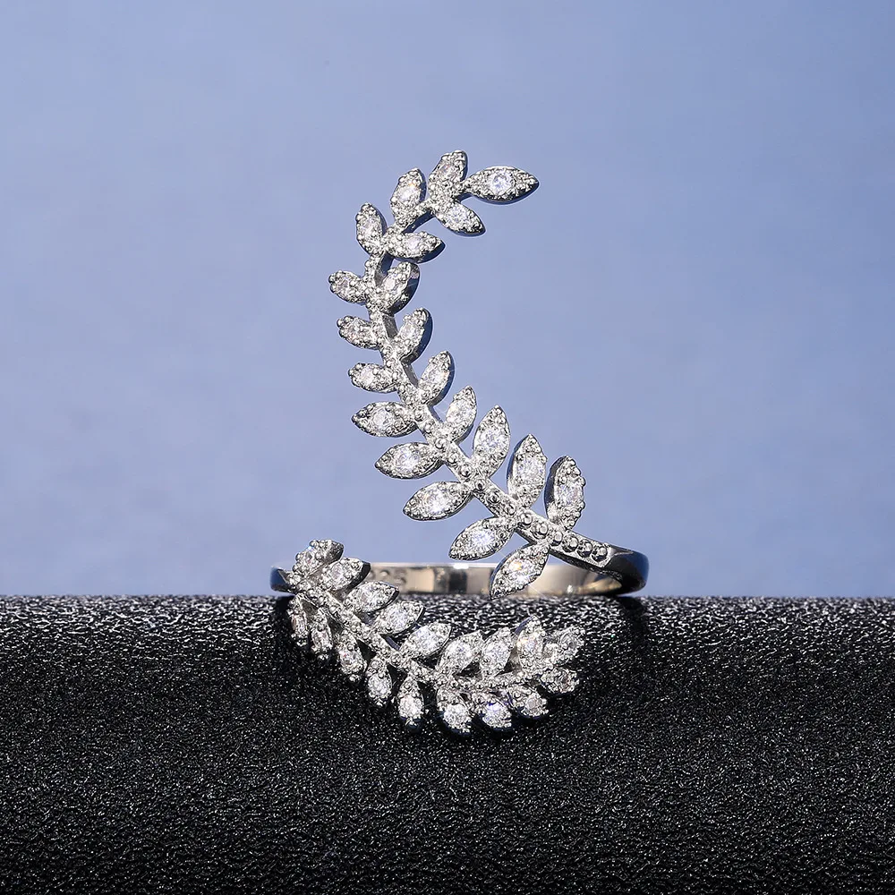 

New Arrival Fashion Leaf Opening Ring for Women Wedding Party Delicate Finger Ring Cubic Zirconia Adjustable Ring Jewelry
