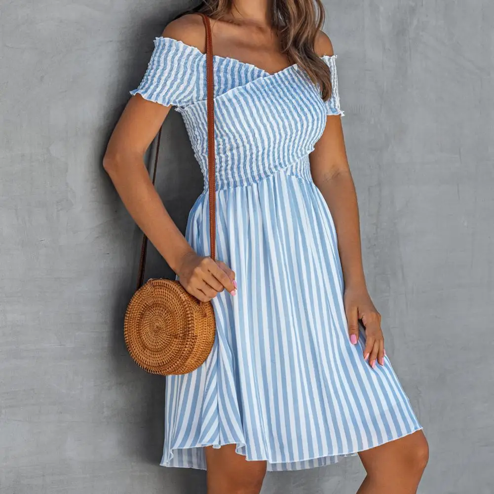 

2021 Summer New Sexy Simple Polyester Dress Stripe Off Shoulder Women Cross Backless Elastic Waist Dress for Dating Daily Party