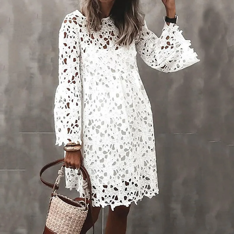 

Casual Summer White Cotton Dress O-Neck Hollow Out Ladies Mini Dresses for Women Solid Flare Sleeve Dress Vestidos Robe Femme