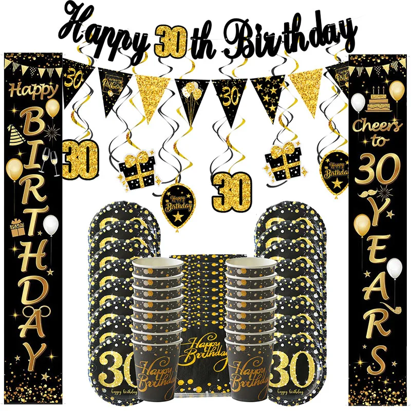 

30 40 50 60 Year Old Adult Birthday Party Decorations Disposable Tableware Black Gold Paper Plates Cup Banner Anniversary Decor