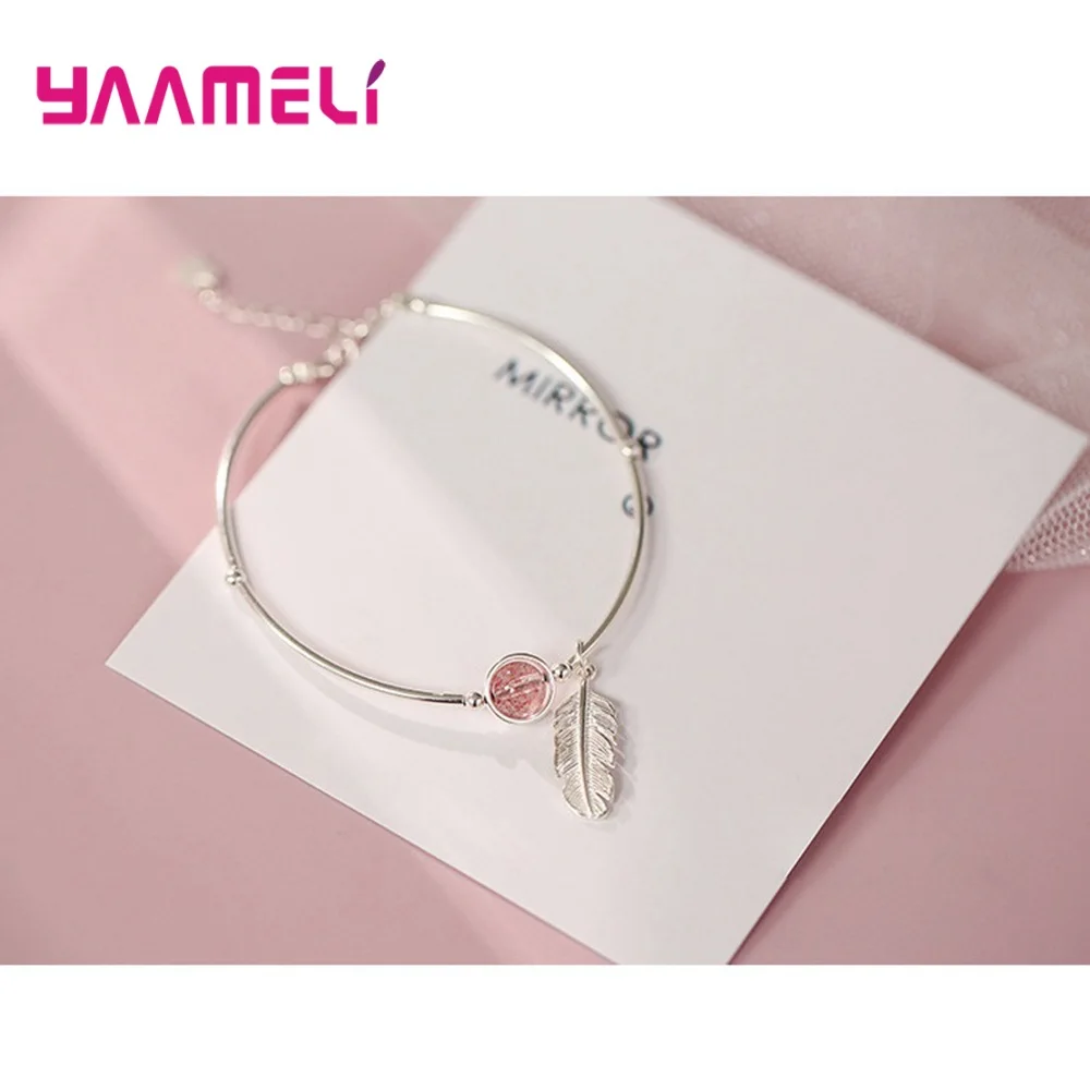 925 Sterling Silver Strawberry Quartz Crystal Feather Charm Bracelet Bangles Adjustable Cuff Braclets for Women Wedding Jewelry | Украшения