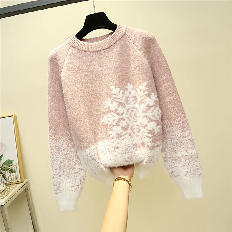 Рождественский женский зимний свитер со снежинками толстый вязаный пуловер с