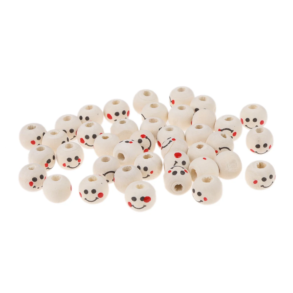 

40pc 10mm Natural Wooden Wood Beads Cute Round Ball Face Loose Beads Craft