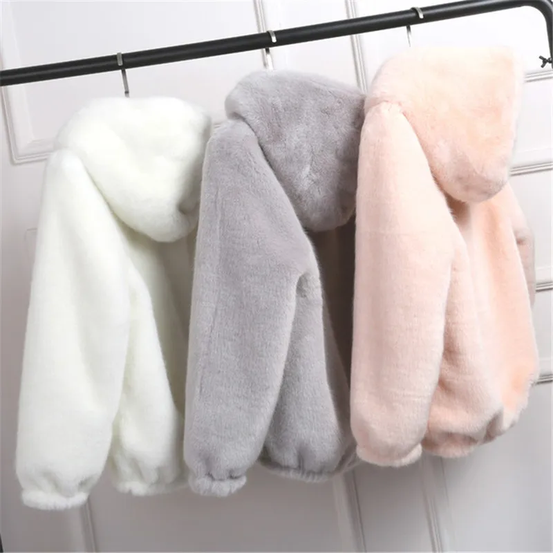 

2021 New Faux Fur Coat With Hood High Waist Fashion Slim Black Red Pink Faux Fur Jacket Fake Rabbit Fur