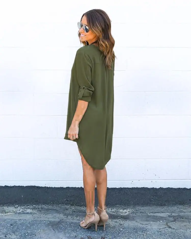 

Hot Sale Summer Women Chiffon Summer Long Sleeve Loose Casual V-Neck Dress