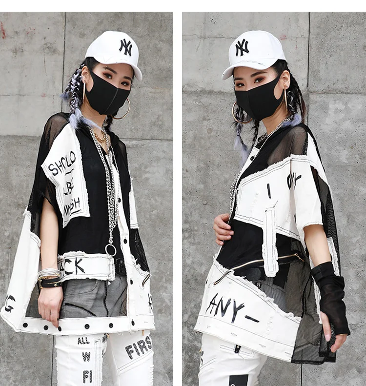 

Vefadisa White Mesh Patchwork Denim Vest Women 2021 Summer Hooded Vest Coat Patch Designs Letter Print Female Vest QYF5869