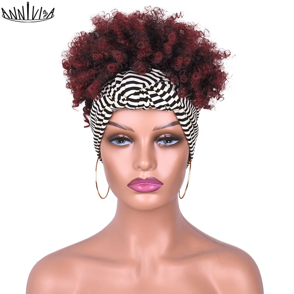 Short Afro Kinky Curly Headband Wig 2 in 1 Turban Wigs for Black Women Puff Drawstring Heat Resistant Fiber Hair