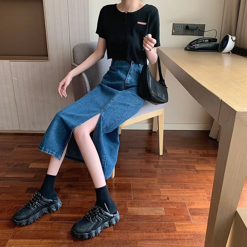 

Skirts womens Spring and autumn split denim skirt 2021 spring mid-length denim skirt female design sense niche long skirt