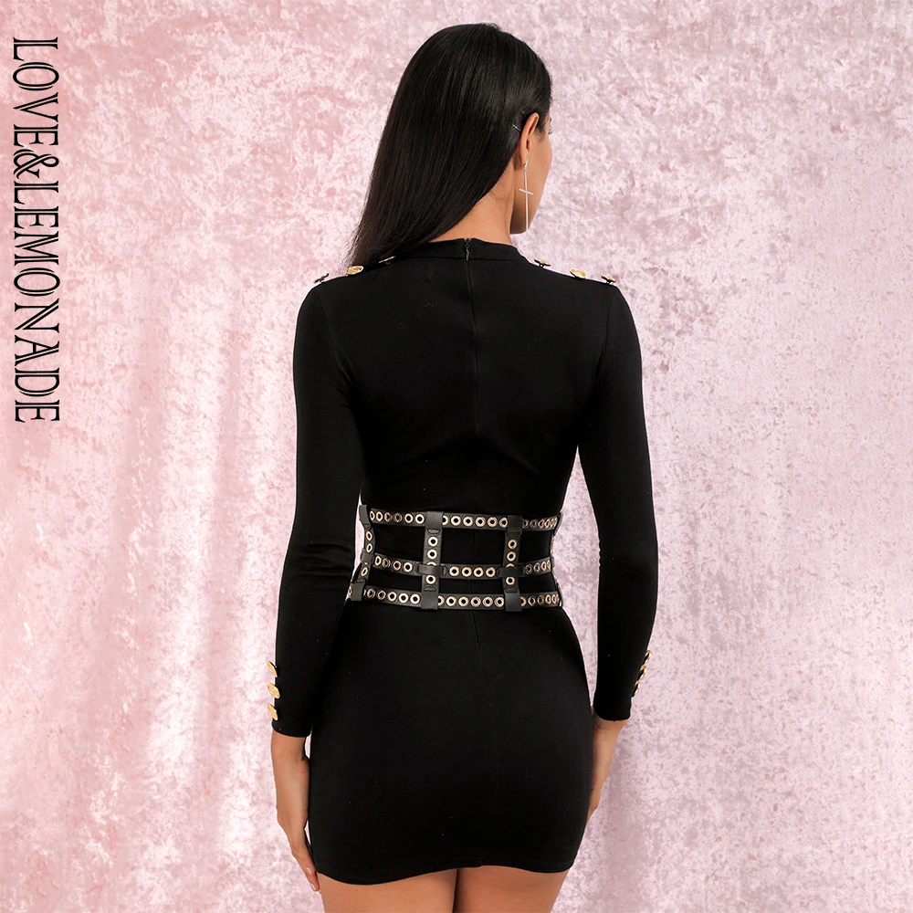 Женское мини платье LOVE & LEMONADE черное/золотое облегающее на пуговицах с длинным