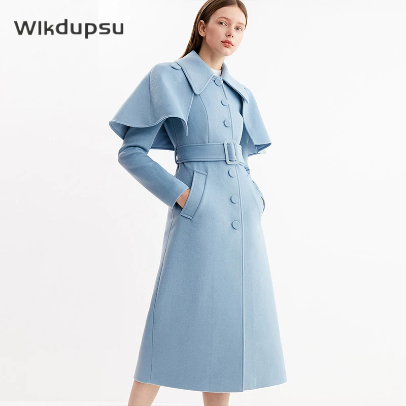 Longo trench coat feminino designer de luxo fino estilo coreano blusão lã inverno senhoras trenchcoat tamanho xxxl