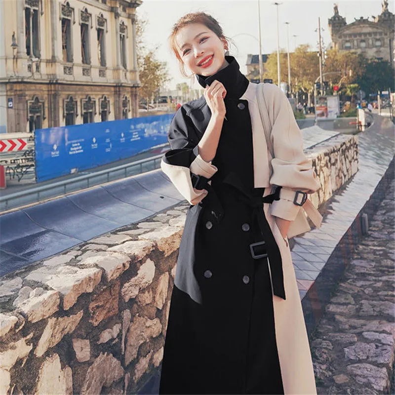 Ветровка женская двубортная тонкая длинная в британском стиле с поясом W2195 осень