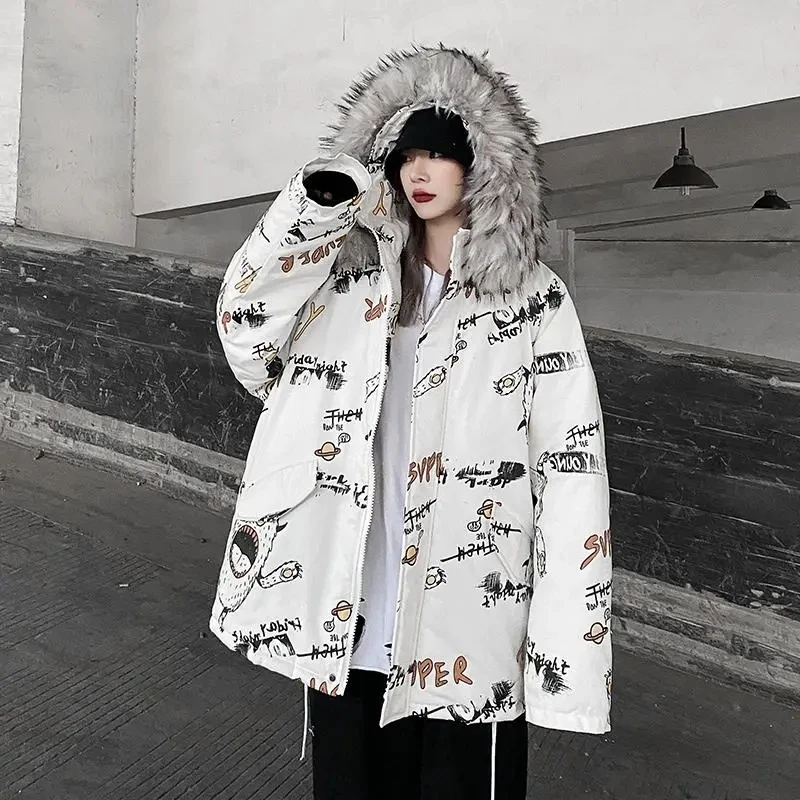 

Зимнее пальто с искусственным мехом на капюшоне, Женская куртка-пуховик в стиле Харадзюку С мультяшным граффити, модная уличная парка, утеп...