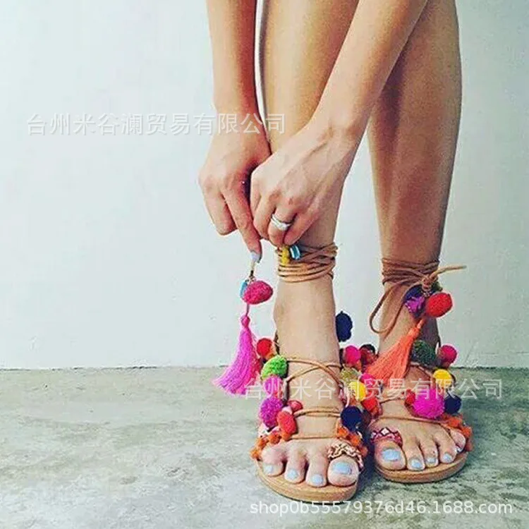 

toe tassel Large size flat bottom casual fur shoes national style sandals female