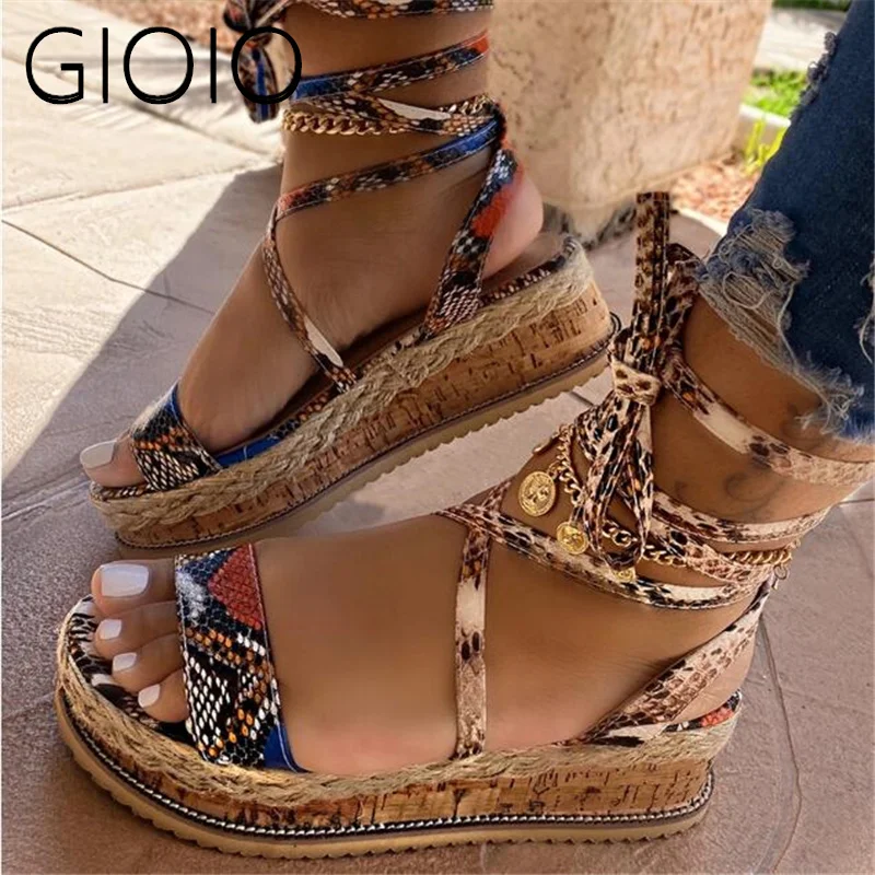 

2021 summer new thick-soled strappy sandalias female roman wind snake print sequined large size EVA women's sandals 35-43
