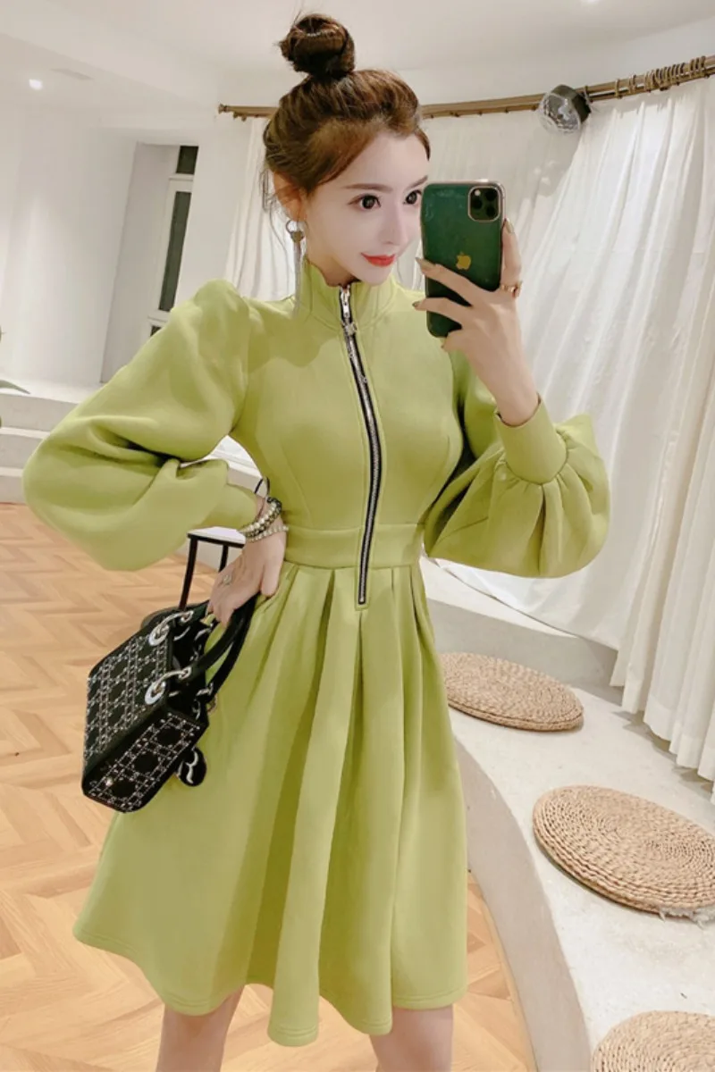 

2020 New Dress Spring French Bellflower Dress Fashion BUBBLE Sleeve Zipper Waist Long Sleeve Solid Color Dress Woman