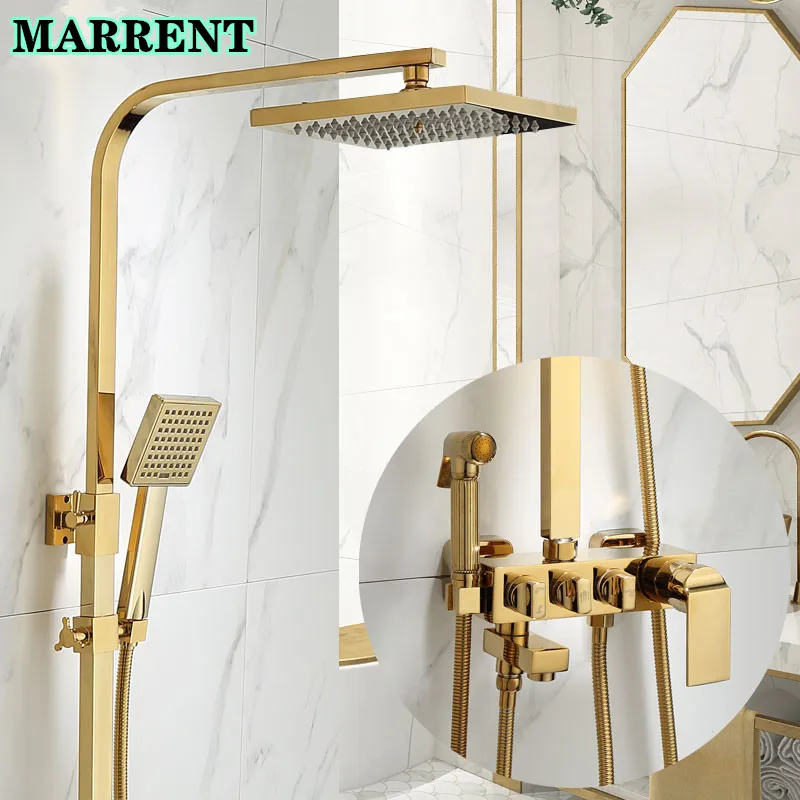 

Luxury Gold Hot and Cold In-wall Mouted Bathroom Shower System Rainfall Shower Set Brass Bathtub Faucet and Mixer