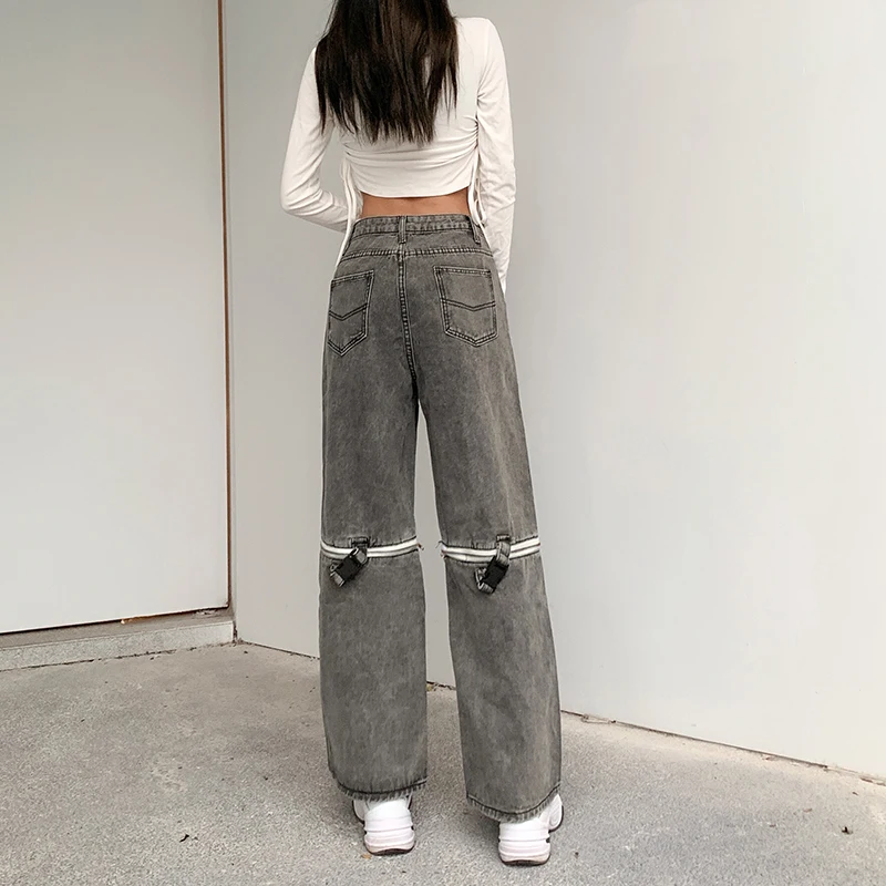

Darlingaga Streetwear Vintage Open Zipper Cargo Pants Women Baggy Jeans Casual Buckle Denim Trousers Detachable Patchwork Jeans
