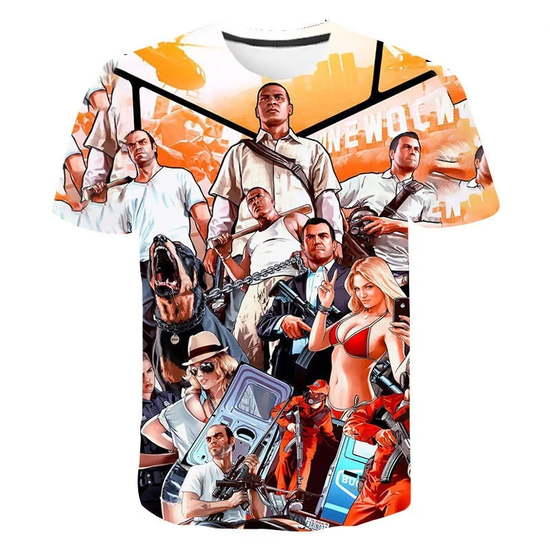

2021 New 3D Printing Grand Theft Auto Game GTA 4 / 5 T-Shirt Men's And Women's Children's Short Sleeve T-Shirt Boys And Girls'