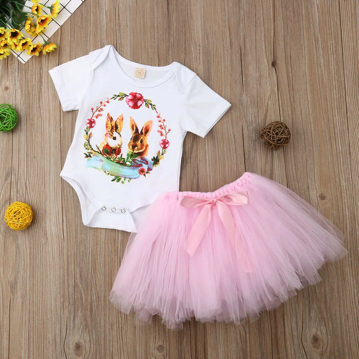 

2020 New 3PCS Newborn Baby Girl Clothes My 1st Easter Short Sleeve Romper Jumpsuit+Tulle Tutu Skirt+Headband/Leg Warmers Outfits