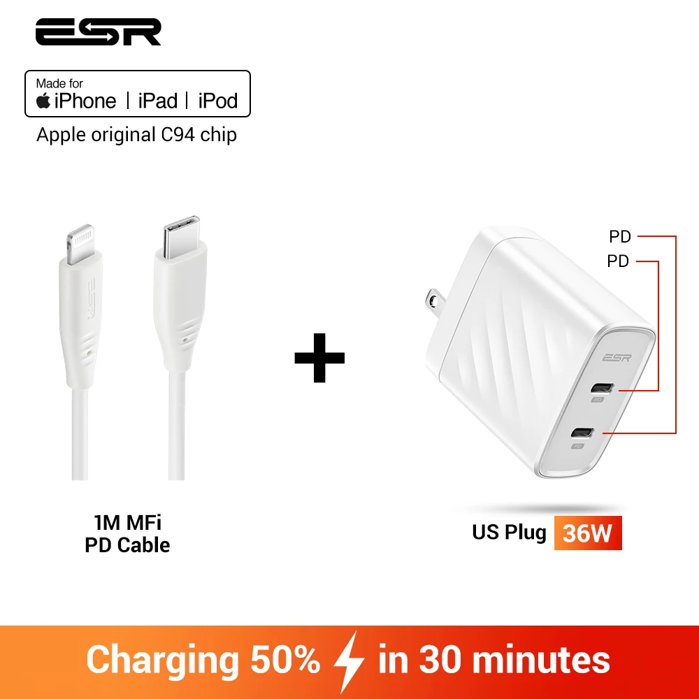 US Plug and 1M Cable ESR 36 Вт двухпортовый переносной для путешествий Быстрая зарядка для iPhone 11 Pro 7 8 X XS XR XS Max samsung iPad Xiaomi type-c PD зарядное устройство для телефона - Тип штекера: US Plug and 1M Cable