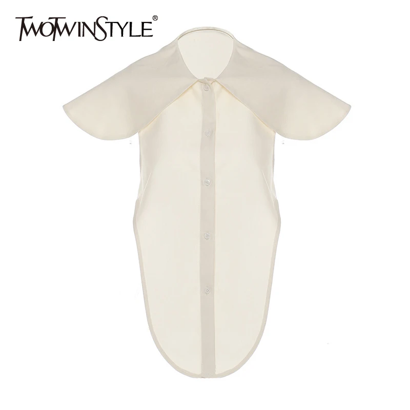 

TWOTWINSTYLE White Backless Shirt For Women Peter Pan Collar Lace Up Bowknot Solid Blouse Female Fashion New Clothing 2020 Fall