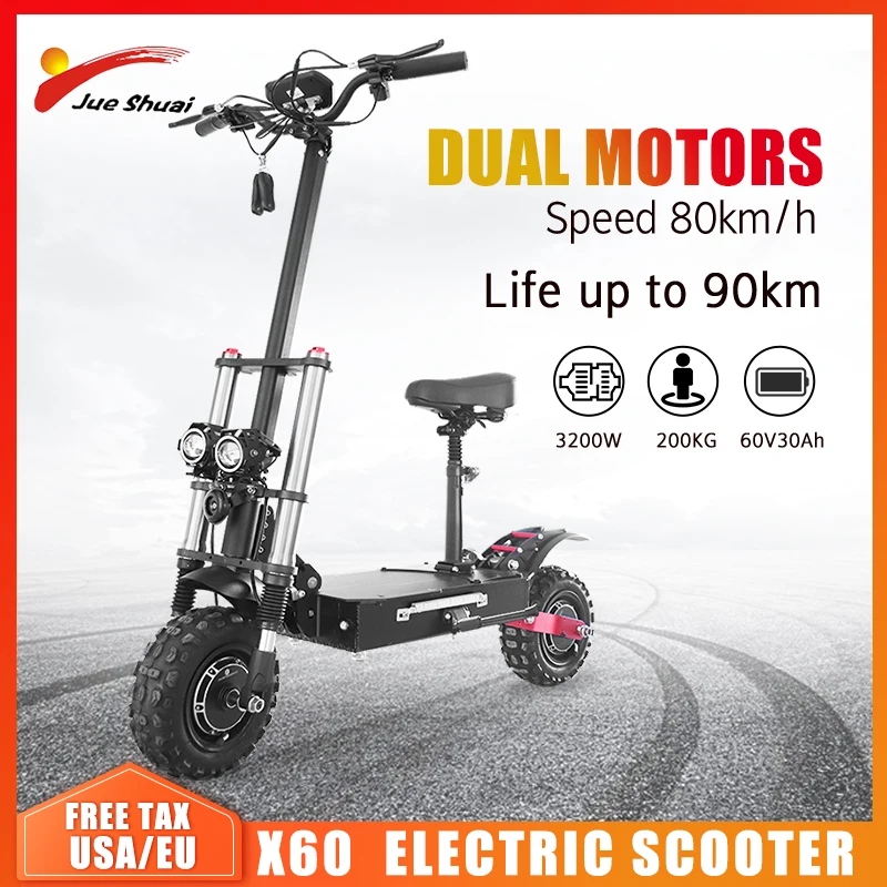Kaufen Roller Elektrische Dual Motor 60V3200W Monopattino Elettrico 2 Rad Tretroller Elektro Off-road Reifen Escooter 7 Tage Freies Schiff