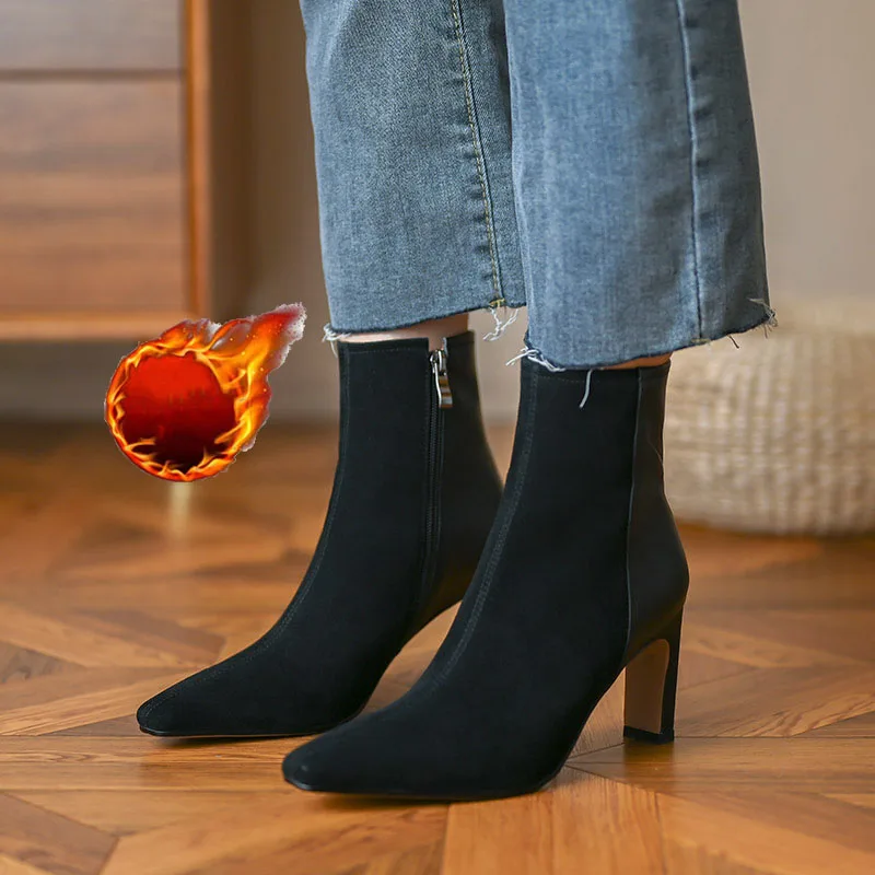 

Short Boots 2021 Autumn And Winter Fashion New Plush Thickened Small Square Head Thick Heel High Heel Side Zipper European And