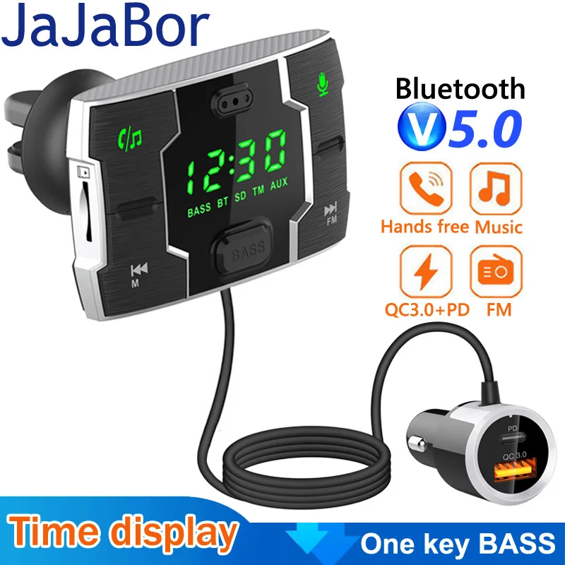 Fm-передатчик JaJaBor AUX аудио музыкальный ресивер Bass PD18W Type C QC3.0 USB зарядное