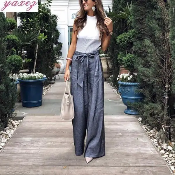 

2019 Elegant Sexy Long Loose Belt Pants High Waist Women Plus Size Trousers Wide Leg Bohemian Pants Casual Pant Office Lady